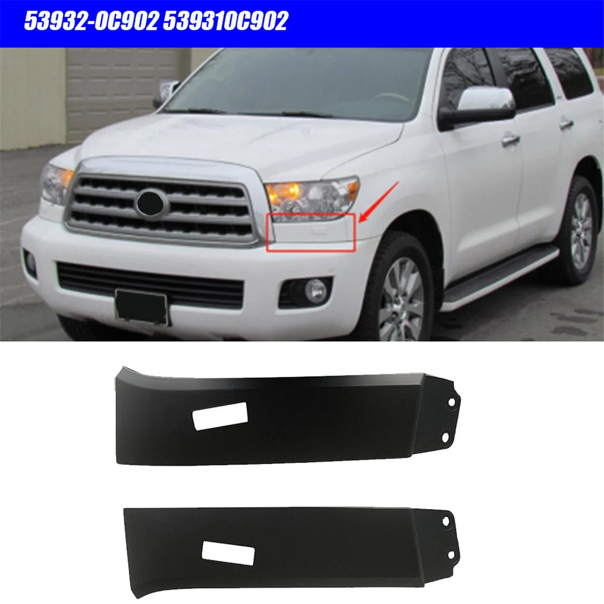 1Pair Front Lower Headlight Filler Trim Plate 53932-0C902 539310C902 for Toyota Sequoia 2008-2017 with Water Nozzle