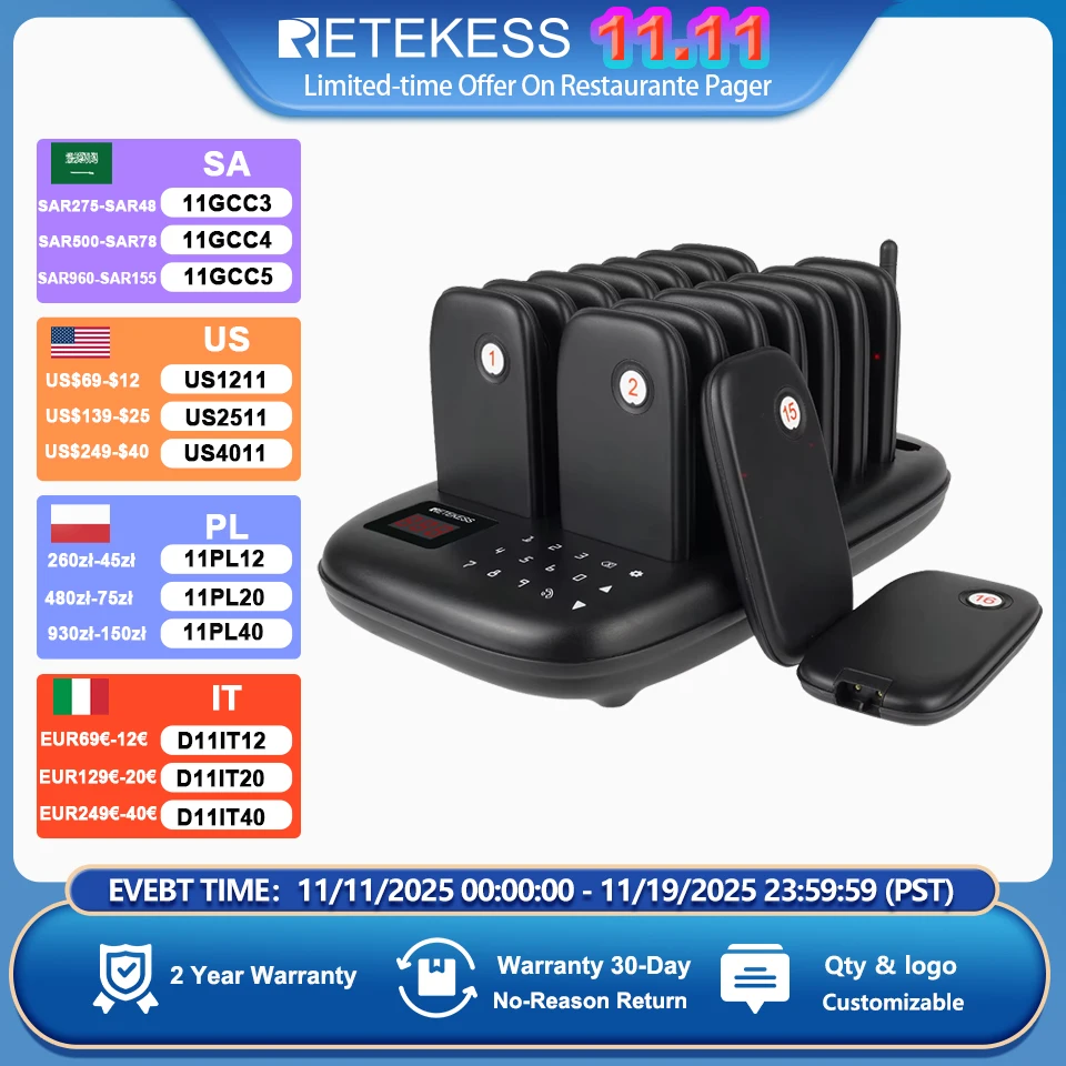 Retekess TD175 restauracja Pager bezprzewodowy system przywoławczy wibrator Coaster Buzzer sygnał dźwiękowy odbiorniki dla Food Truck Cafe Bar Clinic