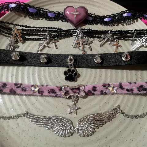 Goth Y2K Angel Wing Feather Star Cross Heart Cat Claw Pendant Bead Chain Choker Necklace For Women Harajuku Jewelry Accessories