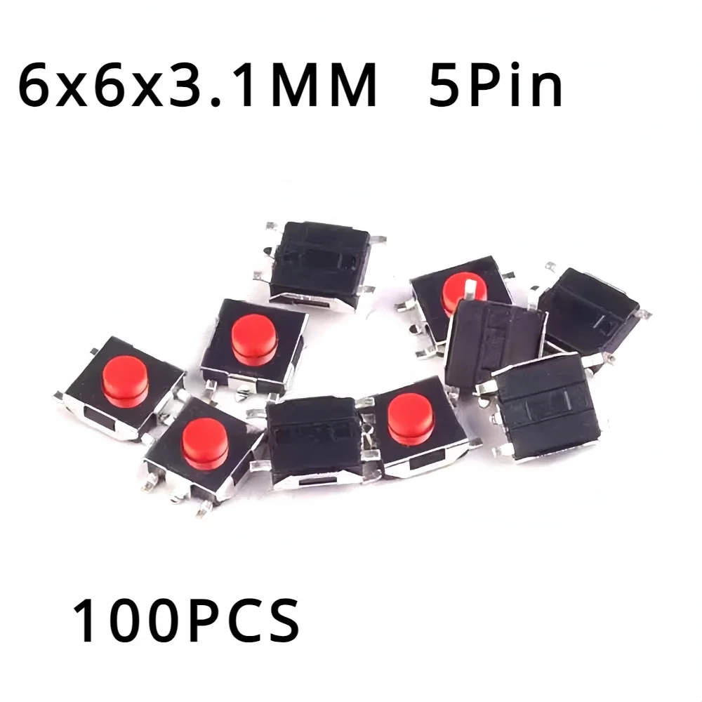 

100 шт. плоский красный SMD 5-контактный 6x6 тактовый кнопочный переключатель 6*6*3,1 мм микропереключатель 6x6x3,1 мм