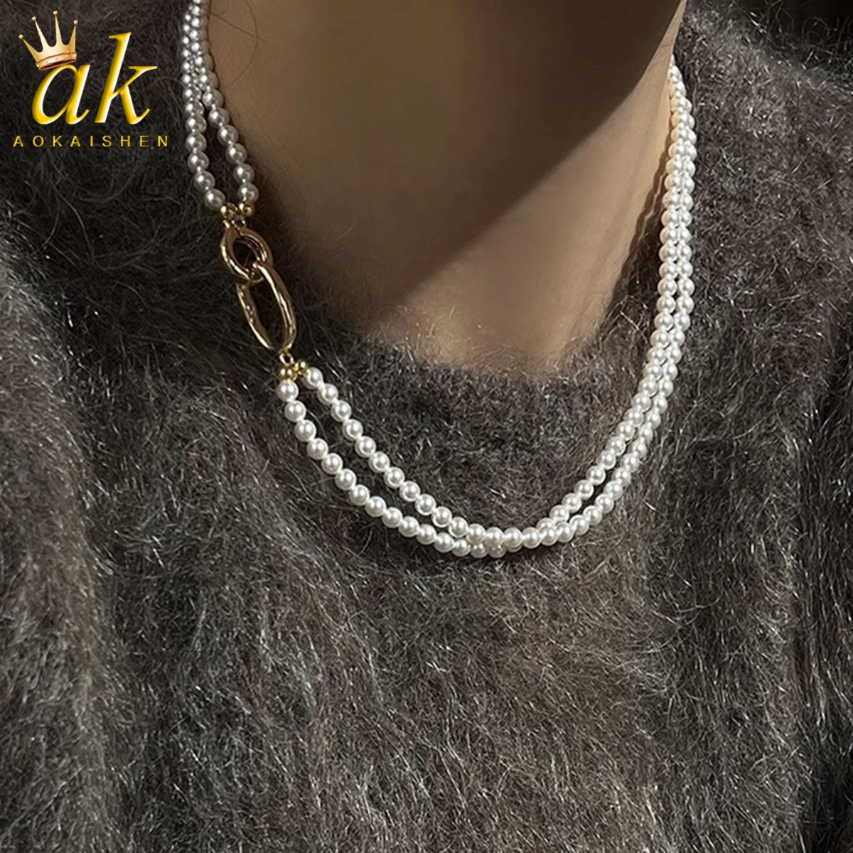 Aokaishen Double Layer Pearl Necklace Sweater Chain Jewelry Women's Light Luxury High-end Feel Beaded Autumn Winter Chain 2023