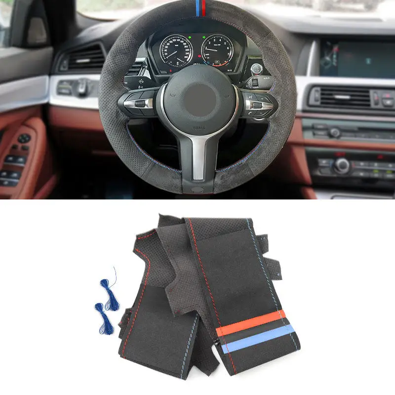 Car Steering Wheel Suede Leather Cover Red Blue Line Bar For BMW M Sport F20 F22 M140i M235i F30 F34 F32 F36 F48 F15 F16 F25 F26