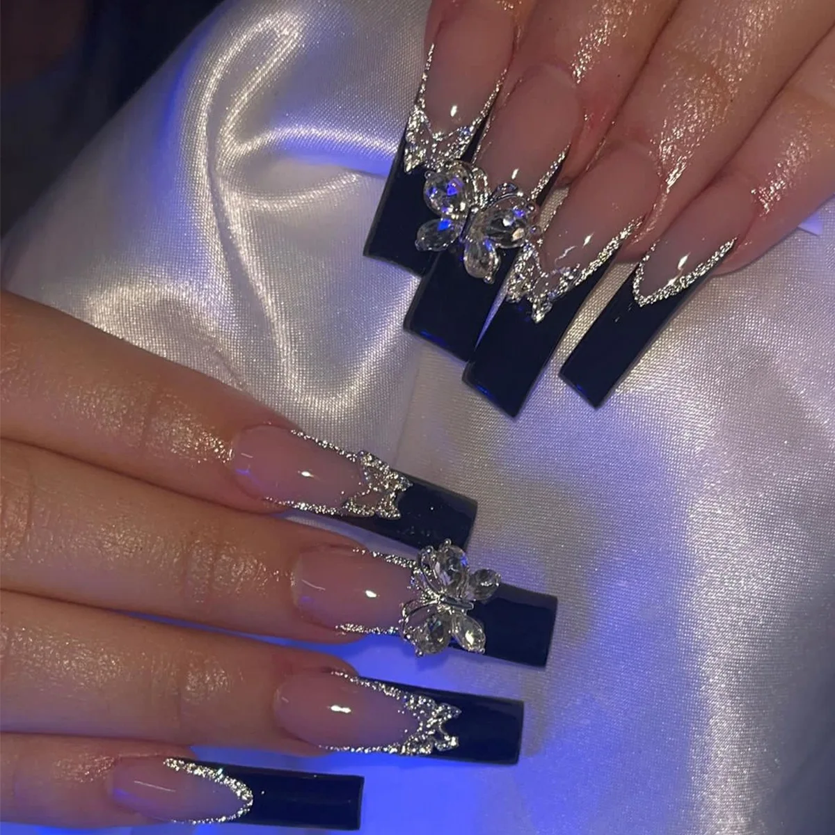 24Pcs Long Square Fake Nails Black Shiny Powder French Press on False Nails Butterfly Rhinestone Reusable Full Cover Nails Tips
