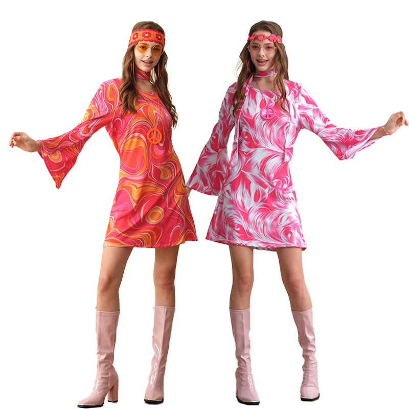 6070s Disco Outfit voor vrouwen Print Jurk Psychedelische Hippie Kostuum Set voor Halloween Party Cosplay Retro Jurk - afbeelding 2