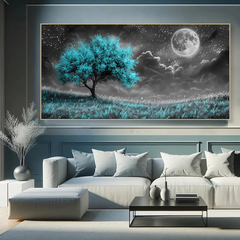2D Plat, moderne abstrakte Lebensbaum Leinwand, türkisblaue Blätter und Mondlicht Nachthimmel Gemälde, Schlafzimmer, Baum des Lebens Dekor