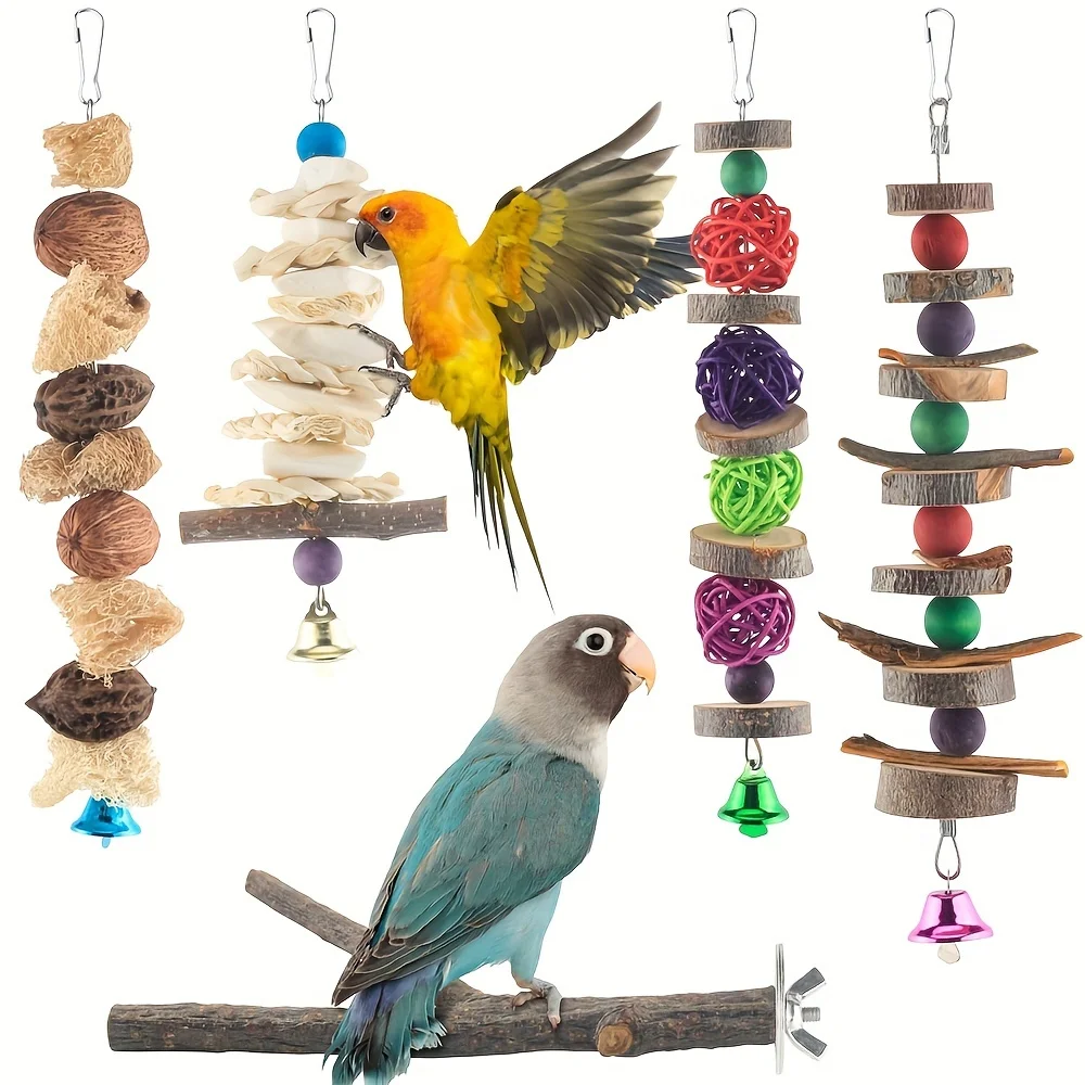 

5pcs Bird Chew Toys Parakeet Natural Wood Toys Parrot Hanging Cage Toy Bird Perch Stand for Small Bird Conure Parrotlet