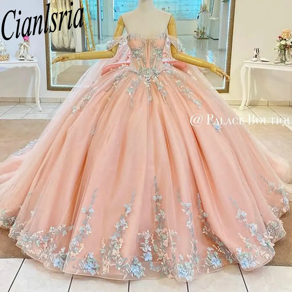 

Розовые ленты с открытыми плечами, платья Quinceanera, бальное платье с цветочной аппликацией, кружевной бант, сладкий 15-е годы, мексиканский индивидуальный заказ