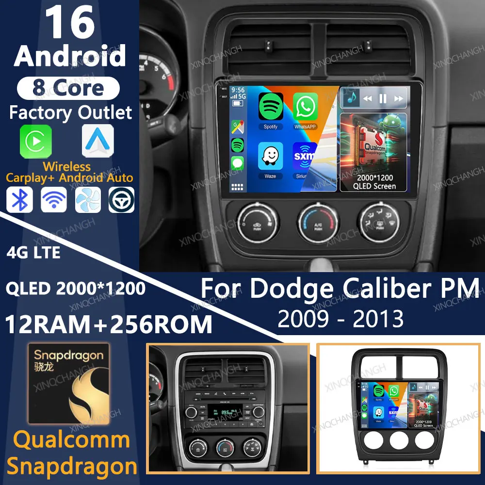 Android 16 Car Radio For Dodge Caliber PM 2009 - 2013 Carplay Auto Multimedia Stereo Video Player Head Unit Qualcomm BT QLED GPS