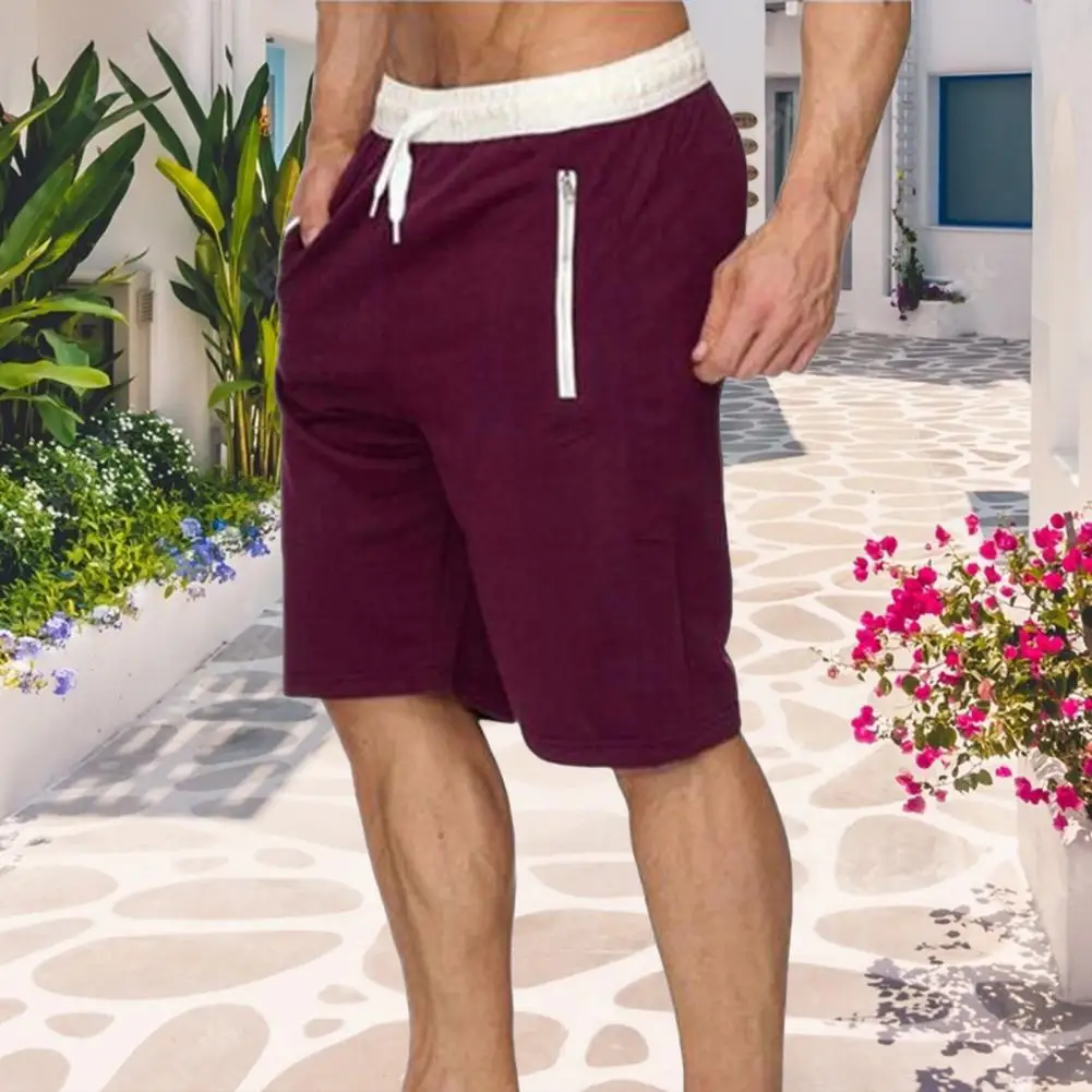 Men Shorts Elastic Waist Adjustable Drawstring Casual Sports Shorts Solid Color Belt Pocket Design Jogger Sweat Fitness Shorts