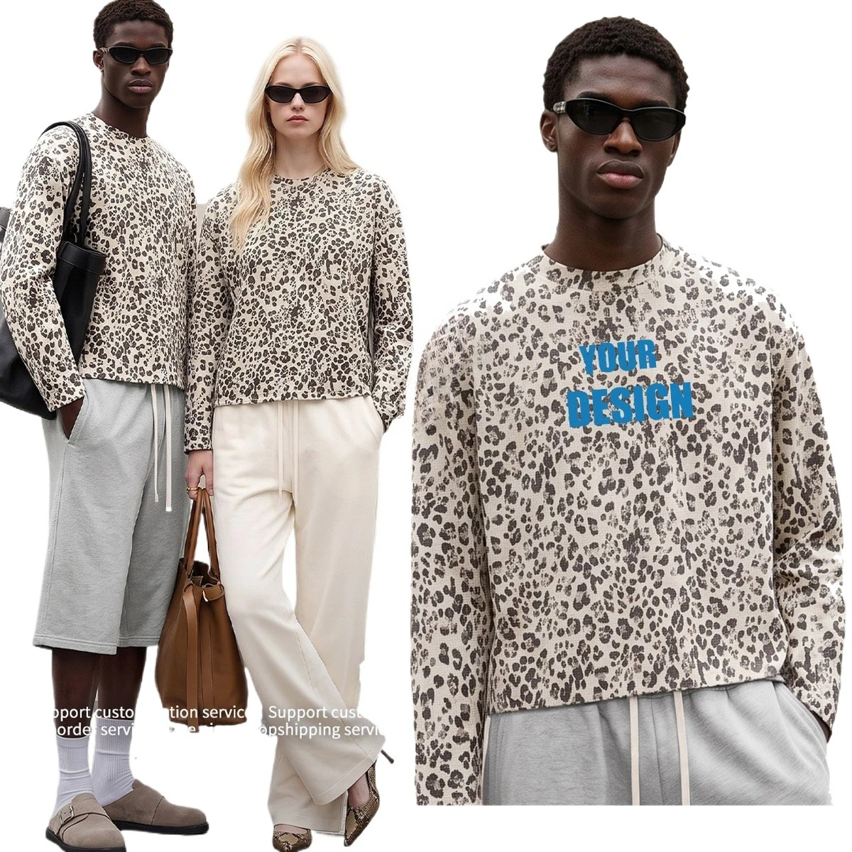 Personalized LOGO custom men's 260G cotton new American retro leopard print waffle top couple shoulder boxy long sleeves