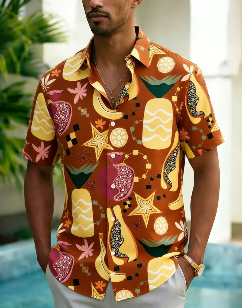 Men's Artistic Fresh Fruit Geometric Print Shirt, Trendy Casual Wear for Summer, Beach Trips, Daily Outings & Street Fashion