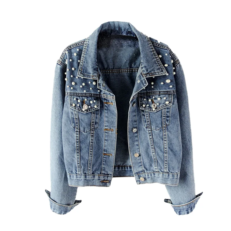 CHCH Women's Jean Jacket Embroidered Rivet Pearl Short Denim Jacket Coat