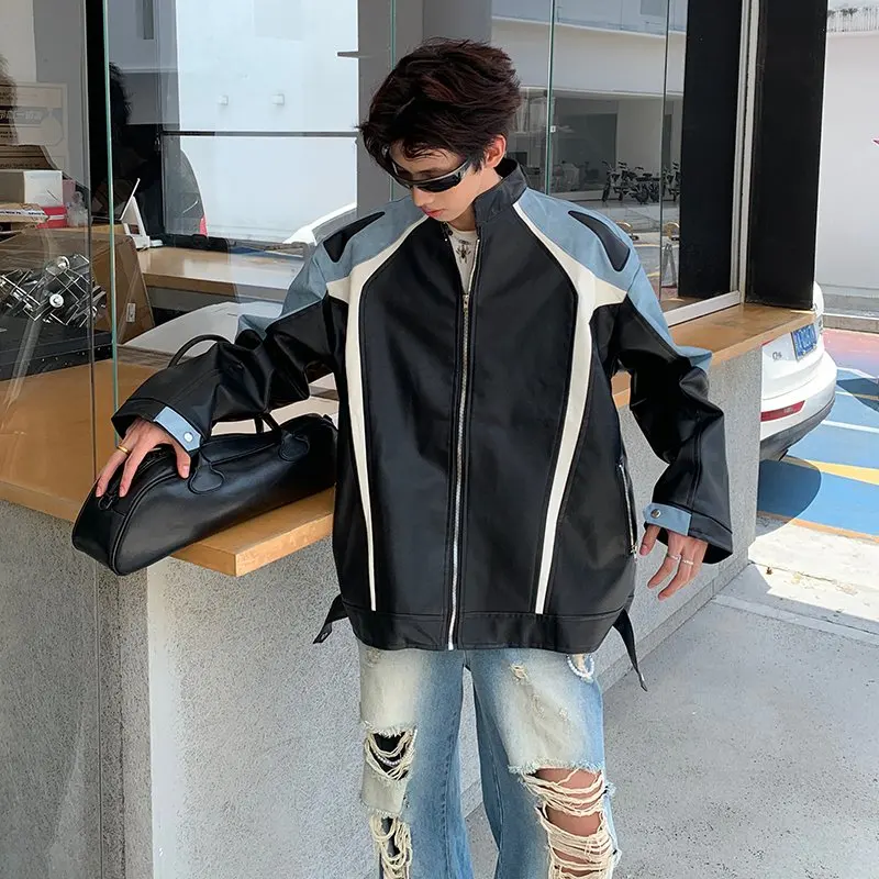 

Retro American PU Leather Jaet Men's Spring Autumn Color Blo Motorcycle Pilot Design Sense Youthful Sle Long Sve Zipper