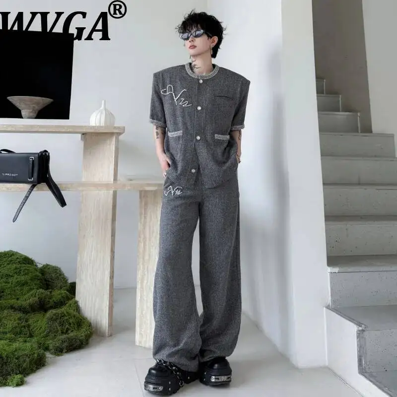 

WVGA 2026 Summer New Men's Beaded Design Trendy Short Sleeved Jackets Niche Chic Casual Straight PantsTwo Pieces Sets Ins W24379