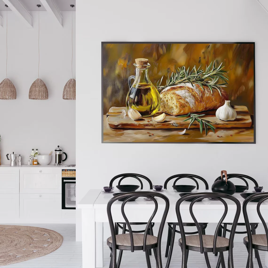 Impresión Decorativa de Pared con Pan Mediterráneo y Aceite de Oliva - Arte Rústico de Naturaleza Muerta para Cocina, Decoración para Comedor, Cocina