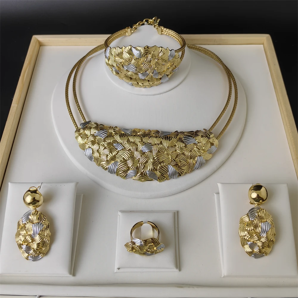 

TITI Two Tones Exaggerated Collar for Women Chunky Choker Necklace Earrings Bracelet Ring Bridal Wedding Party Gifts