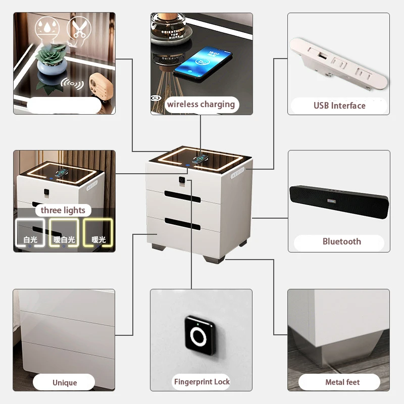 الجملة طاولة السرير الذكية مع مكبرات الصوت LED ضوء شحن لاسلكي الحديثة الفاخرة متعددة الوظائف منضدة لغرفة النوم #5