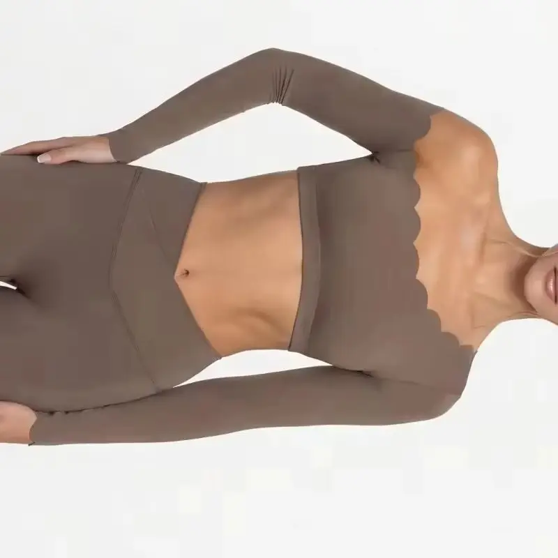 Off-shoulder Lace Sports Fitness Top Long Sleeve Gym Outfits Butt Lift Workout With Chest Pads Activewear Women Tracksuit