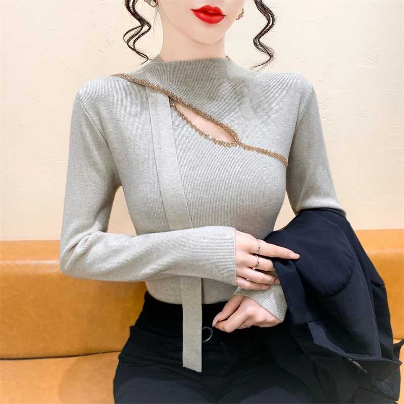 Ele oco para fora malhas feminino f gola alta sa camisola emagrecimento camada base outono inverno topo faion design