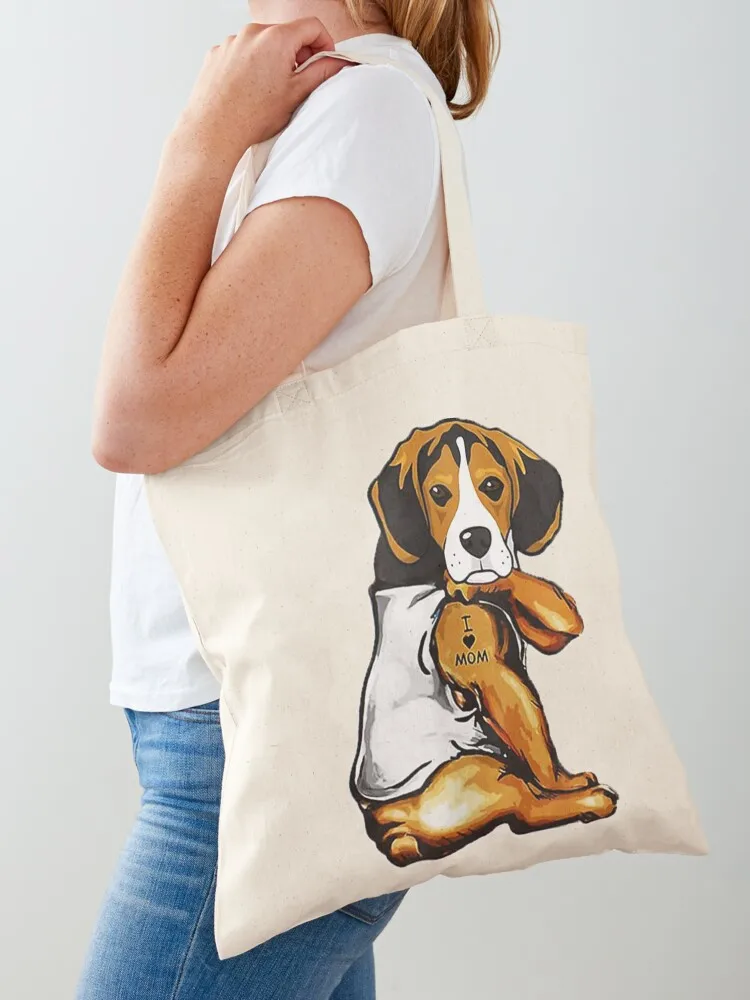 بيغل الكلب الوشم أنا أحب أمي حمل حقيبة المتسوق حقيبة المرأة قماش حقيبة صديقة للبيئة كيس التسوق صب فام #1