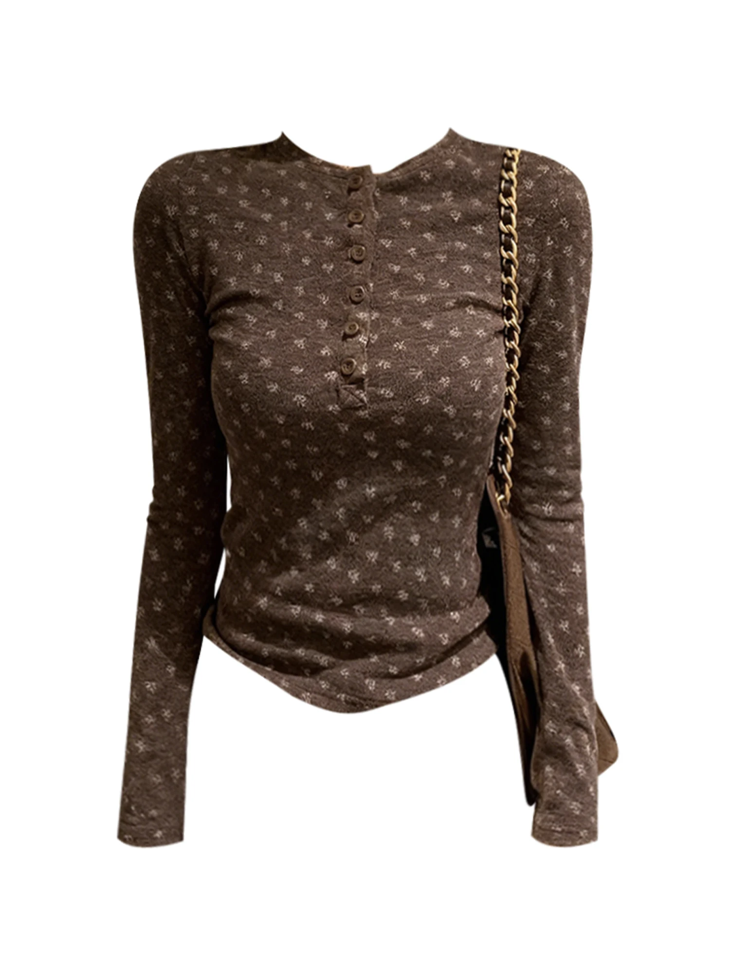 Women Brown Flower Print T-shirt Aesthetic Y2k Gyaru O-Neck Tee Top 2000s Vintage Long Sleeve T-shirt Clothes Spring Autumn 2025
