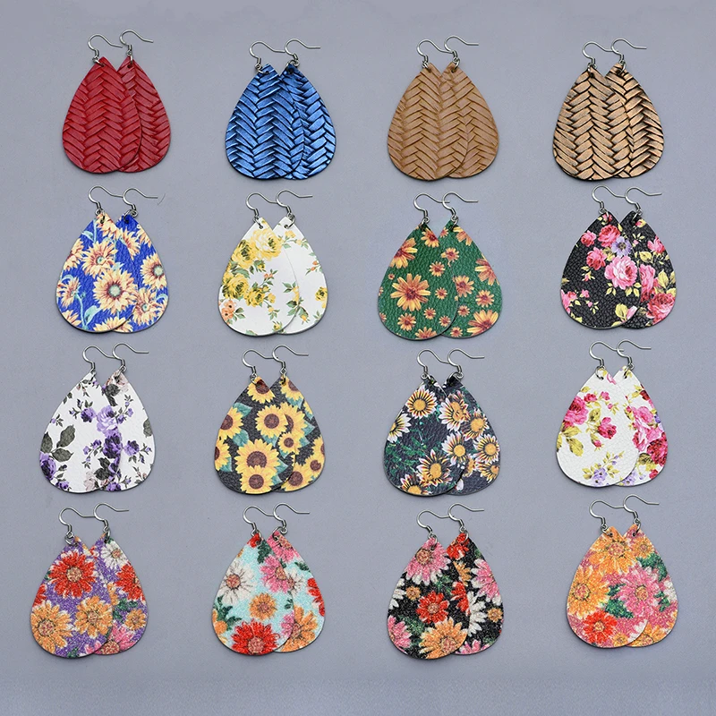 PU Leather Sunflower Print Leather For Women Girls Faux Rattan Pattern Leather Lightweight Teardrop Dangle Earrings Wholesale