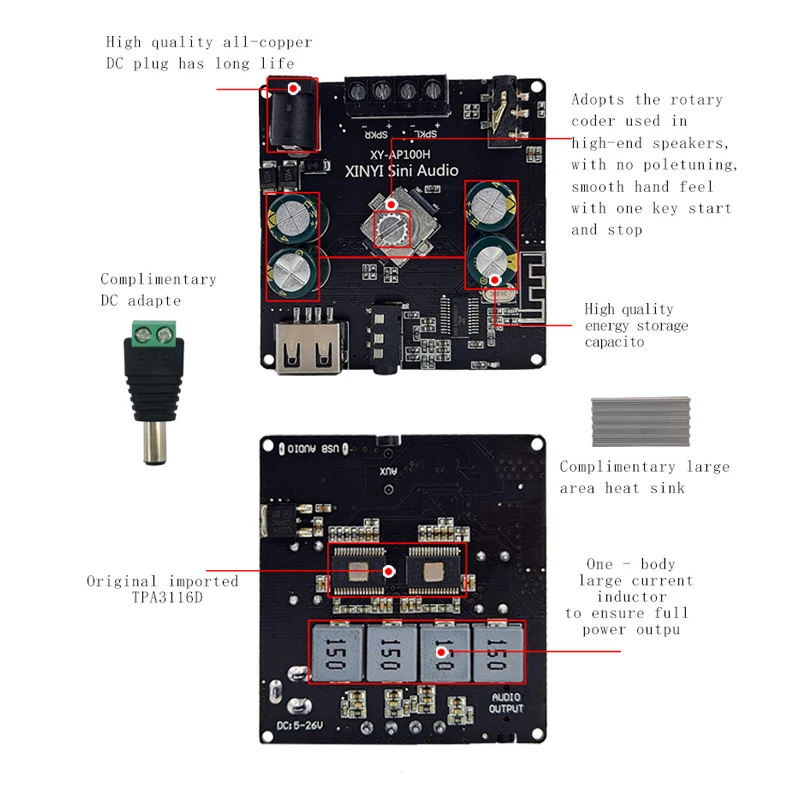 100W+100W Bluetooth 5.0 TPA3116D2 Dual Channel Class D HIFI Stereo Audio Digital Power Audio Amplifier Board Home Theater AUX