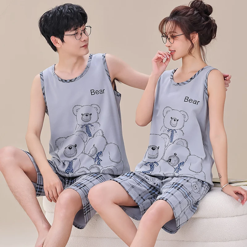 Couple's Pajama Sets M-4XL Summer Vest Pajamas Lovely Cartoon Sleepwear Cotton Pajamas For Women Short Top Pant Leisure Outwear