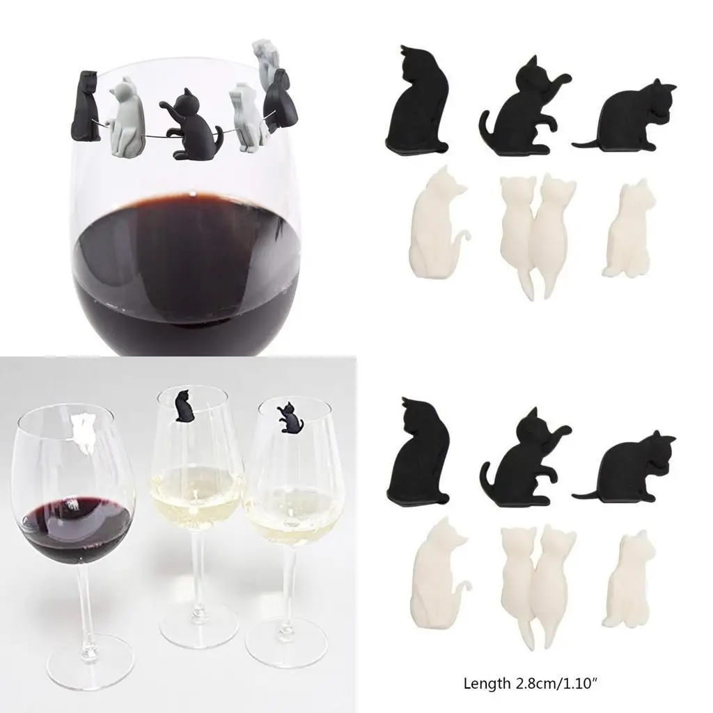 

G6KF Wine Glass Markers Set of 6 Silicone for Cat Decorative Tags Recognizer Gift for Home Festival Wedding Party Decor