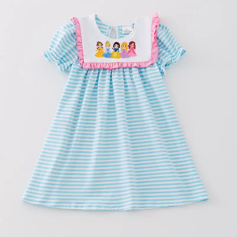 Girls Fall Winter Girls Printed Princess Blue Stripe Dress Short Sleeved Boutique Kids Clothing