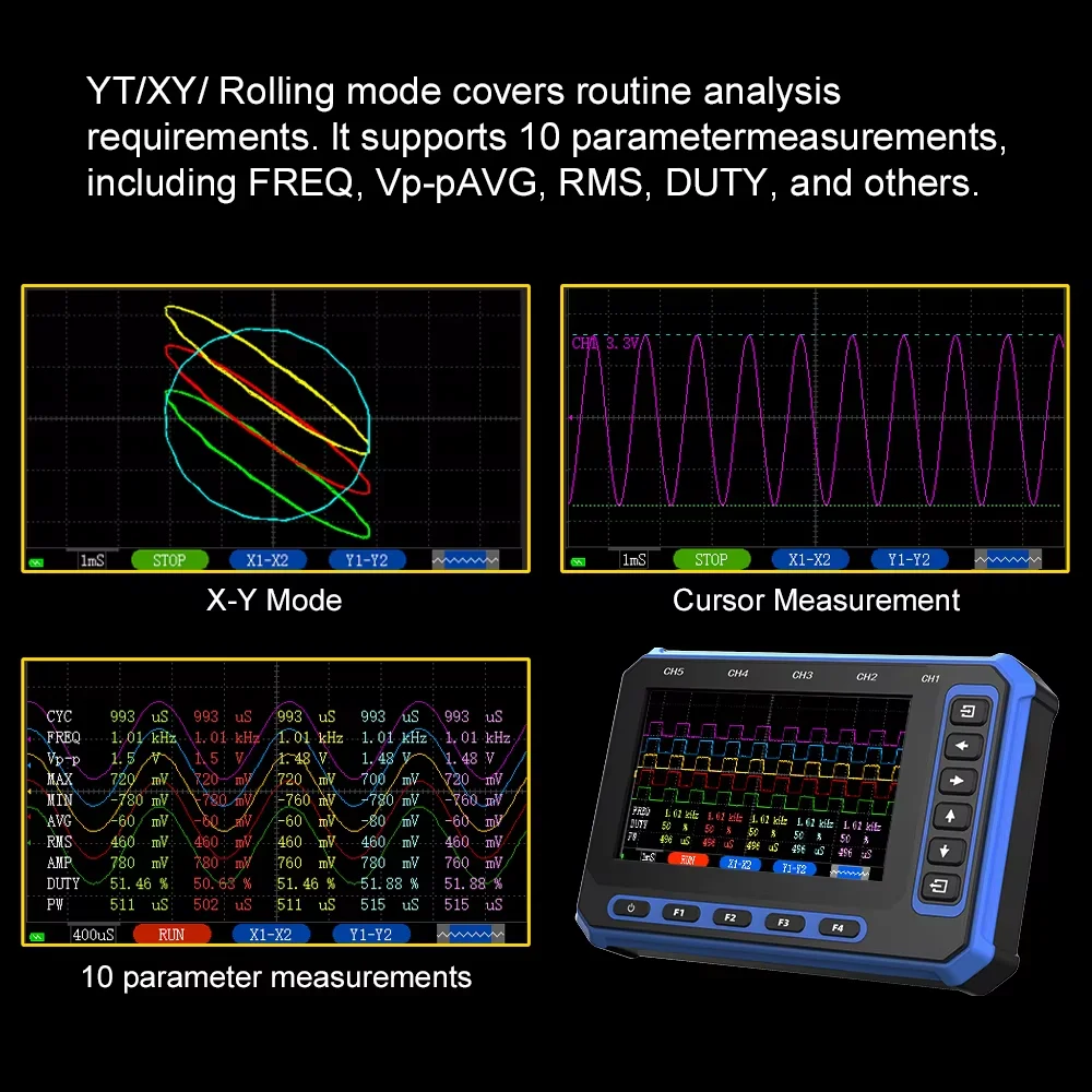TOOLTOP 4.3 Inch Hanheld Oscilloscope 1MHz Bandwidth 5Channels Test 2000mAh large-Capacity Battery With PC Software Analysis