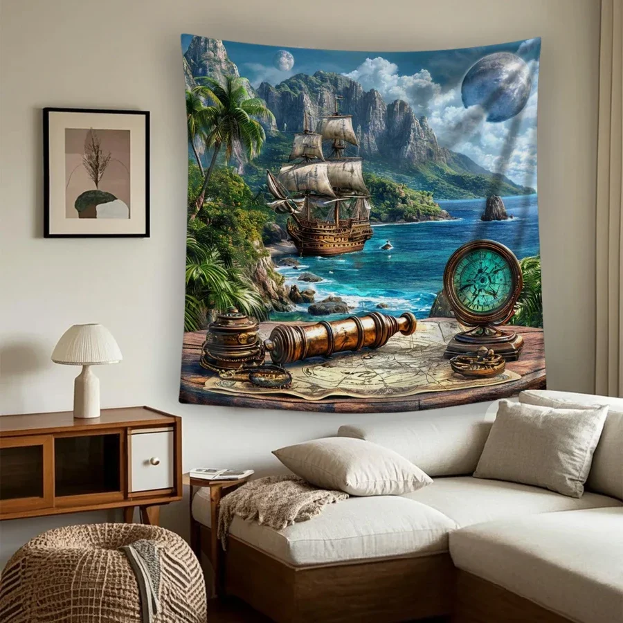Vintage Pirate Ship Adventure Tropical Island Map Wall Art Canvas Decor Nautical Exploration Room Poster