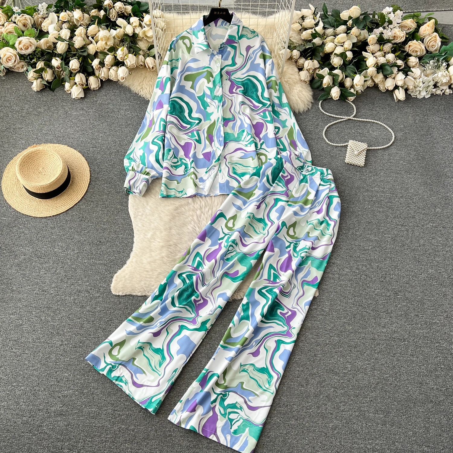 

Spicy Girl Style Printed Fashion Set Women's Autumn New Two Piece Set Loose Long Sleeve Shirt+High Waist Long Pants Suit