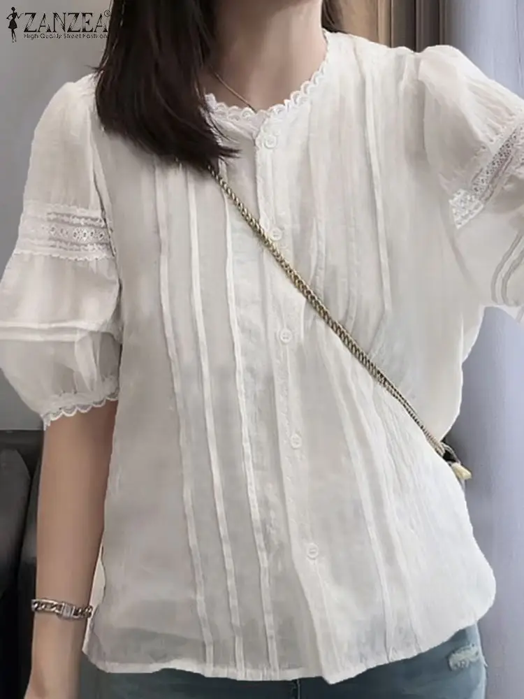 ZANZEA Fashion Lantern Half Sleeve Tops Women Summer Lace Patchwork Blouse Korean White O-Neck Shirt Pleated Loose Casual Tunic