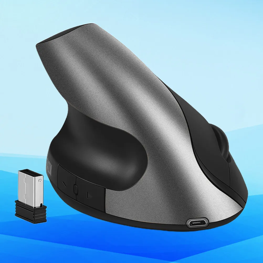 1Pcs Wireless Mouse Ergonomic Photoelectric 2.4g Rechargeable Mute Remote Vertical Hand Gripping Type Silver Grey for Home
