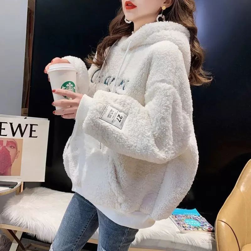 Women Autumn Winter Hoodies Sweatershirts Female Lmitation Lamb Wool Loose Fit New Pullover Sweatershirts Mid Length Version