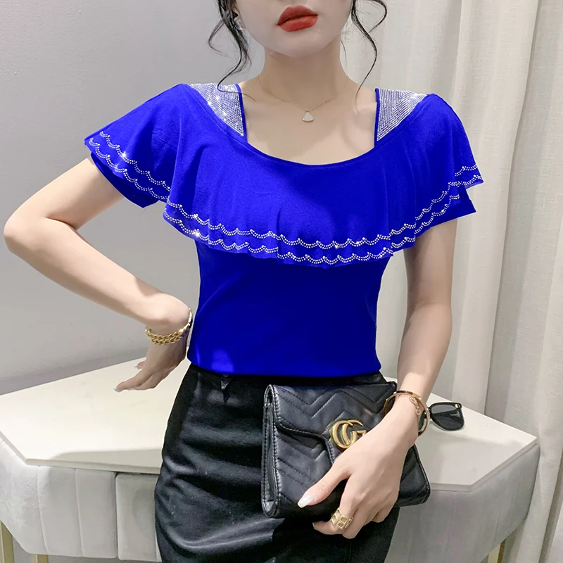 Summer Ruffles Mesh Square Collar T-Shirts Women Short-Sleeved Diamonds TShirt Femme Fashion Patchwork Tops Tees