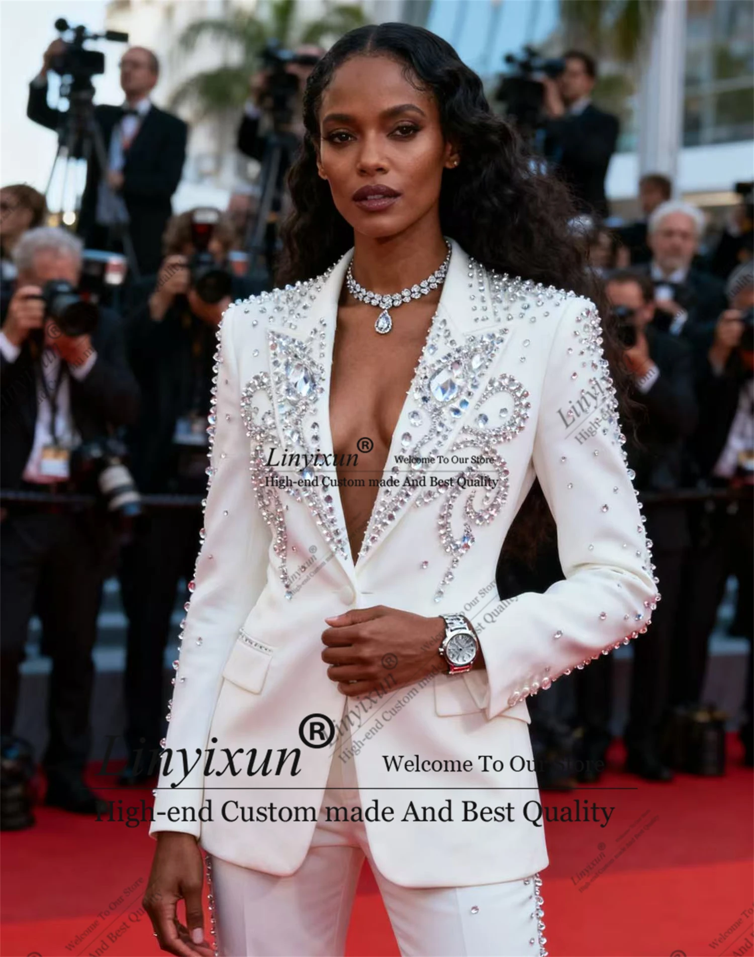 Luxurious design style mod Rhinestones Customized Women's Suit 2 Pieces пиджак женски Slim Womens Clothing Pant