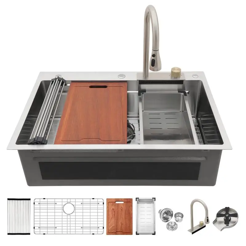 

33" Drop-In Kitchen Sink - 33"x22" Single Bowl 16G Stainless Steel Workstation Sink with Pull-Out Faucet and Cup Washer