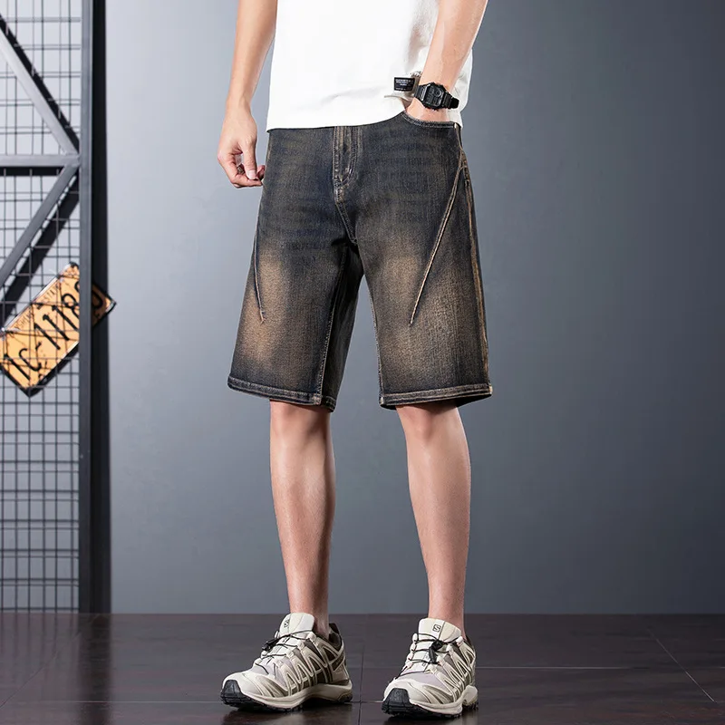 Summer Vintage Washed Patchwork Denim Shorts Men's Loose Plus Size 5-Pocket Stretch Casual Mid-Length
