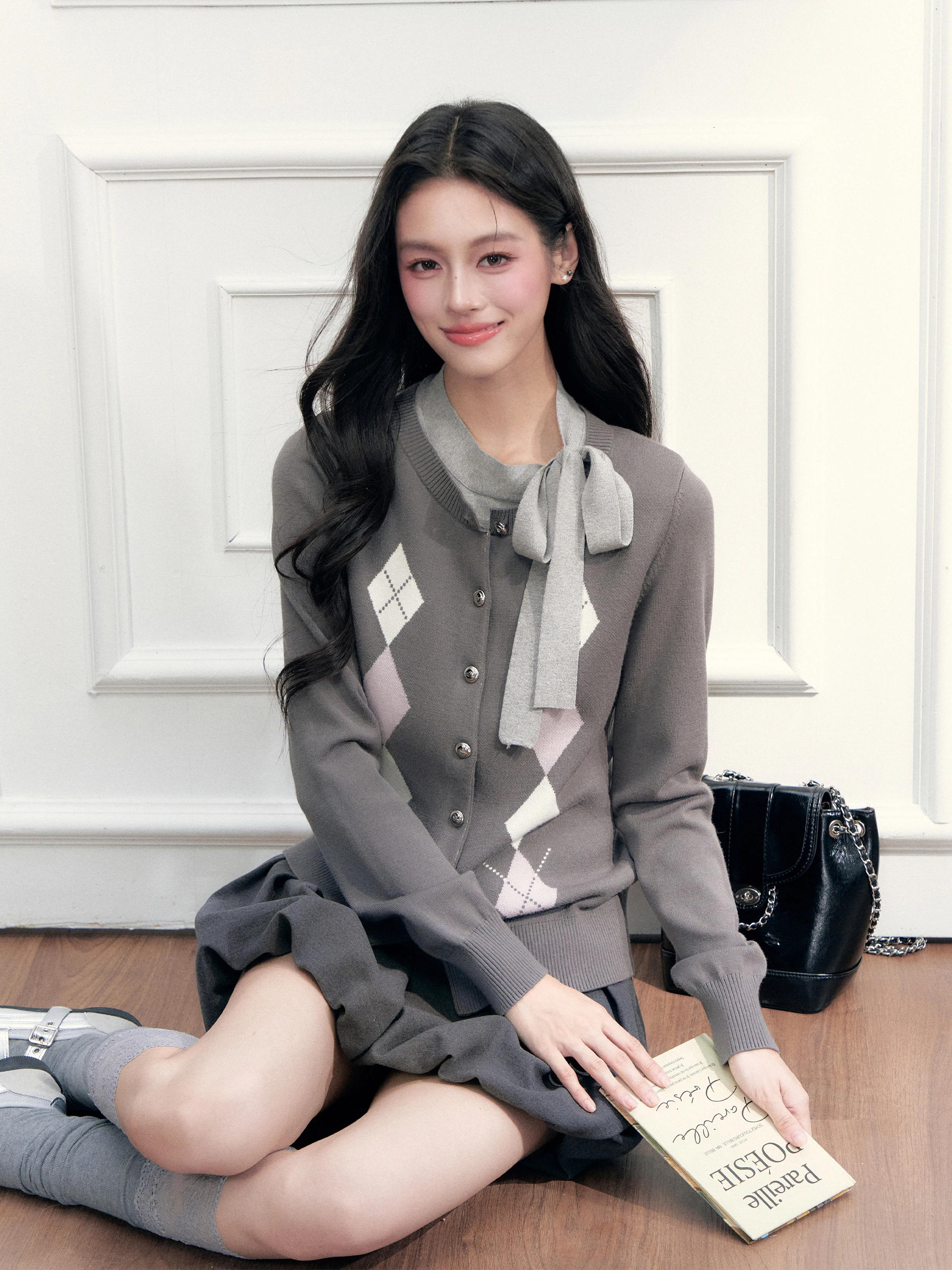 Korean Style College Wind Knitted Sweater with Belt  Grid  Knot Design Medium Thickness Long Sleeve Women's Top