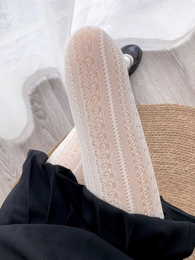 Сексуальные кружевные вязаные белые колготки в стиле Лолиты для женщин и девочек, осенние полосатые чулки, хит продаж, женские однотонные колготки в стиле Лолиты