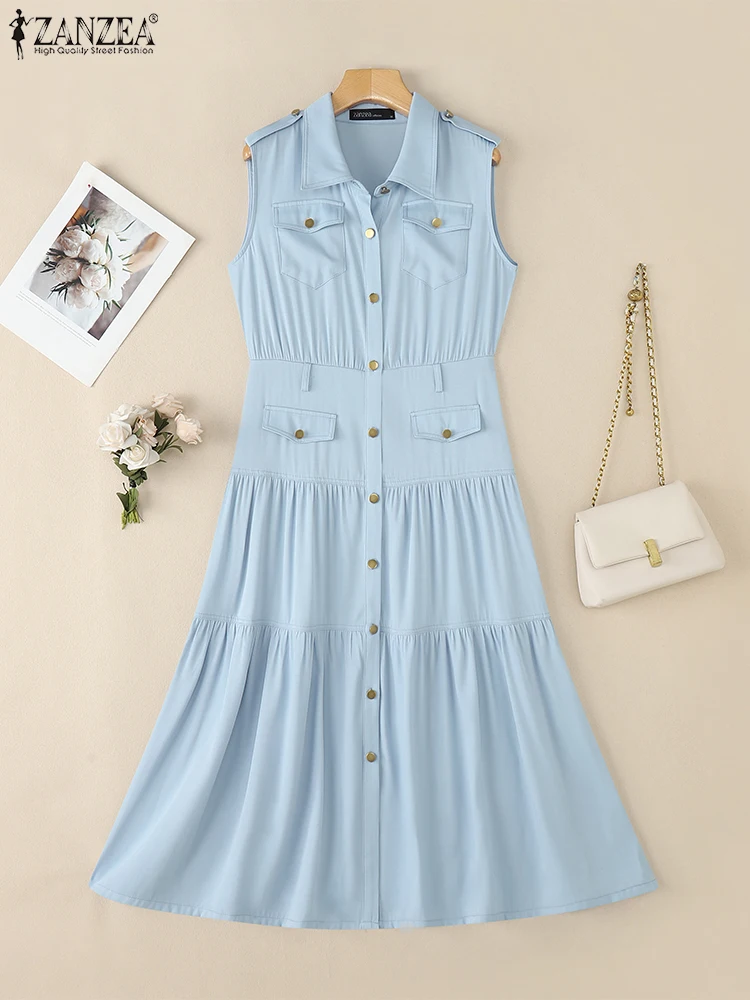2025 ZANZEA moda vestido de verano mujeres elegante trabajo de oficina sin mangas vestido veraniego Casual solapa cuello botón Midi bata Vestidos sólidos