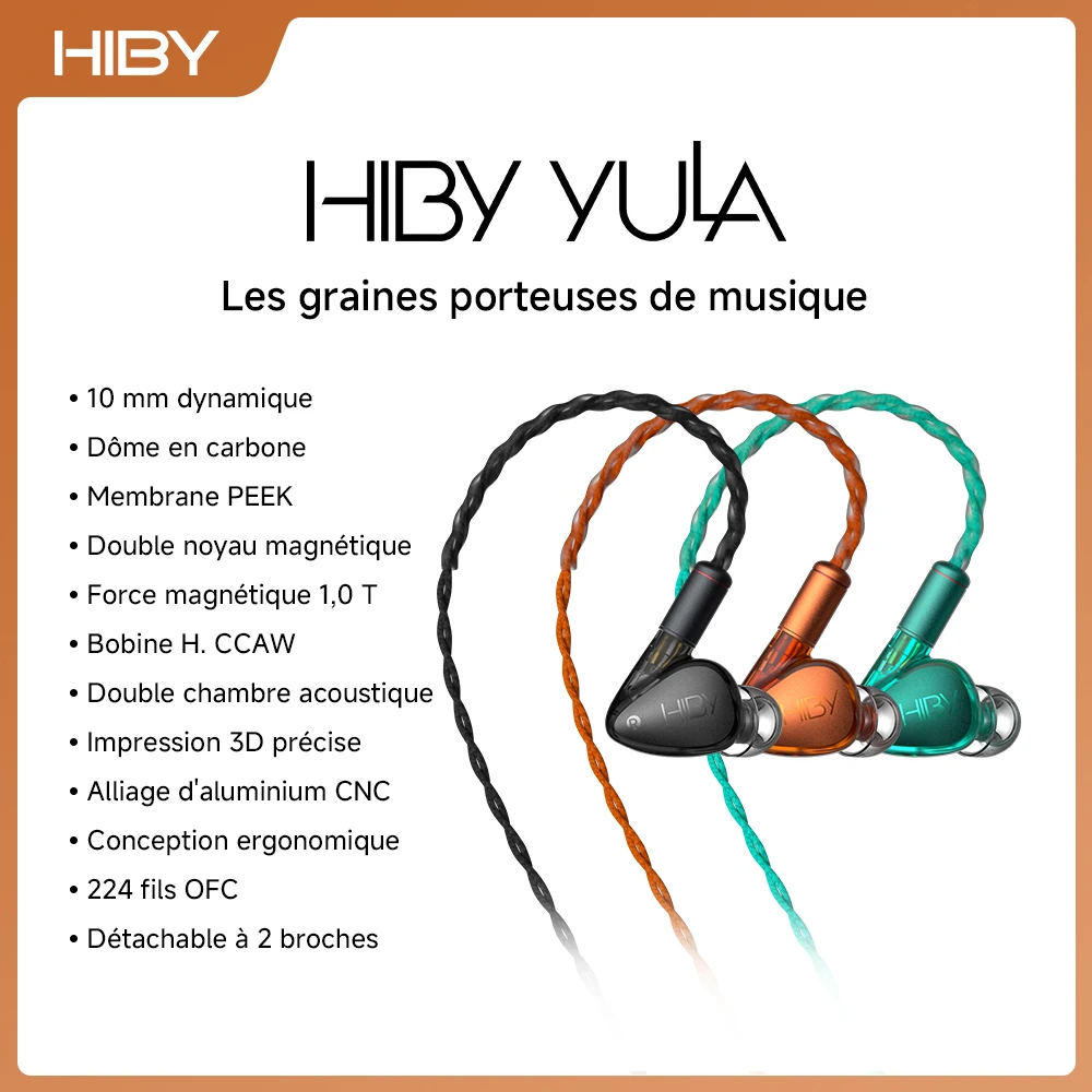 

HiBy YULA 10mm Dynamic HiFi Earphones PEEK Diaphragm Dual Magnetic Core Dual Acoustic Chamber Aluminum Alloy CNC 224 OFC Wires