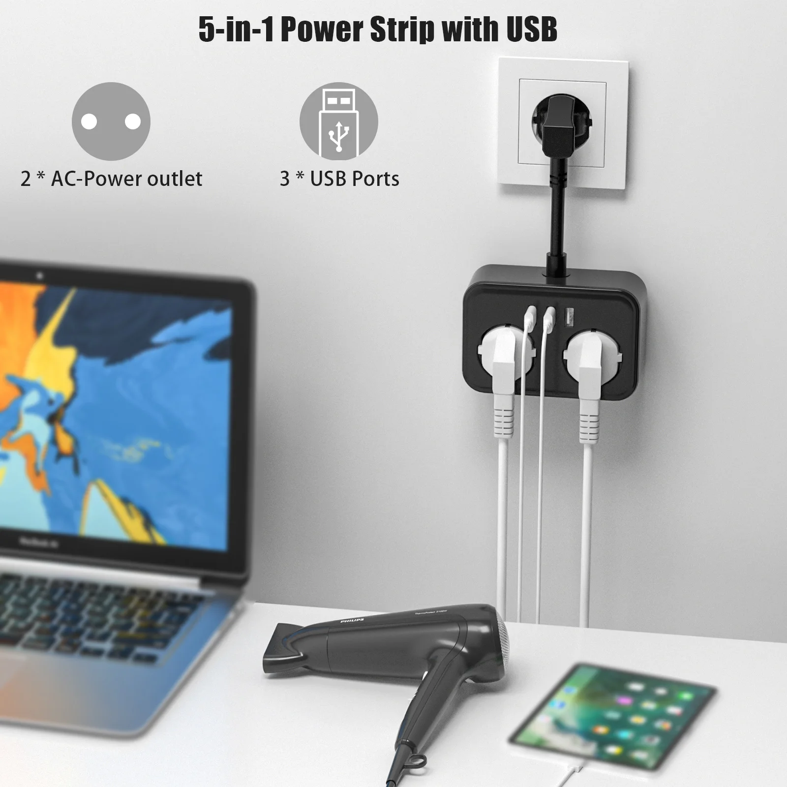 Power Strip With USB, 2 Compartments Power Strip With 3 USB Ports, 5 In 1 Socket Adapter, Wall Socket With Flexible Cable