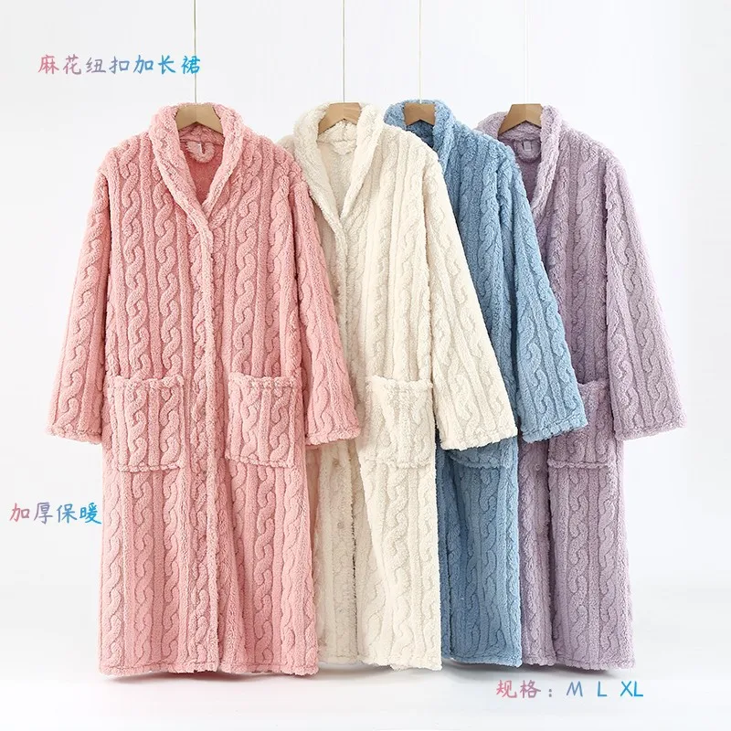 

women's fleece bathrobe solid thick winter long sleeve ladies dressing gown with pockets warm flannel bath robe for female