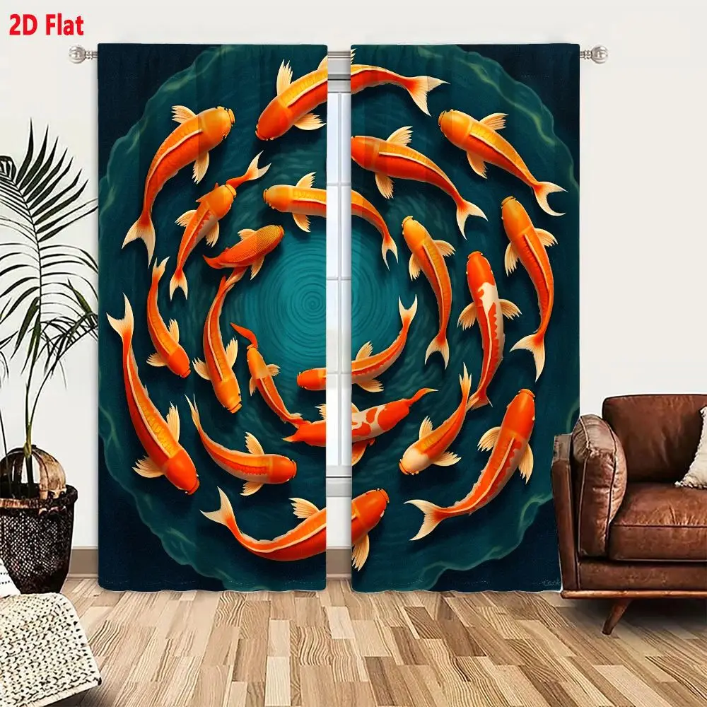 2Pcs Curtains 2D Flat Vibrant Orange Koi Fish With White Accents In Circular Symmetrical Formation On Teal Water-Like Background