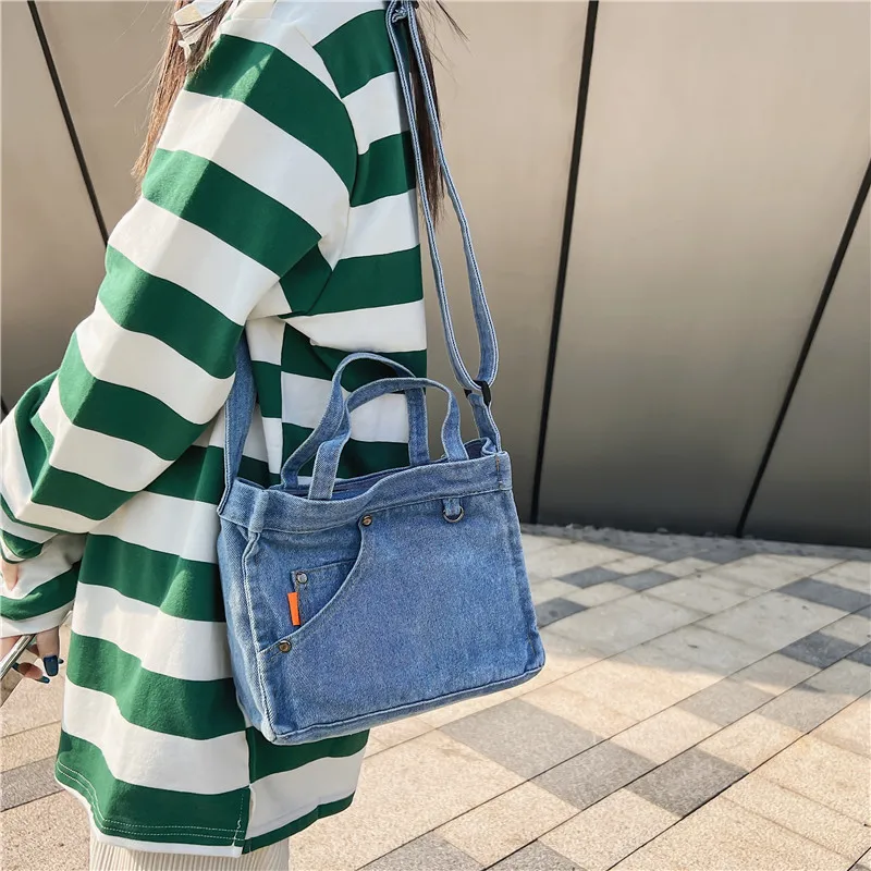 Tas bahu wanita kapasitas besar Denim Vintage tas Messenger wanita warna polos Fashion tas persegi sederhana tas Tote wanita