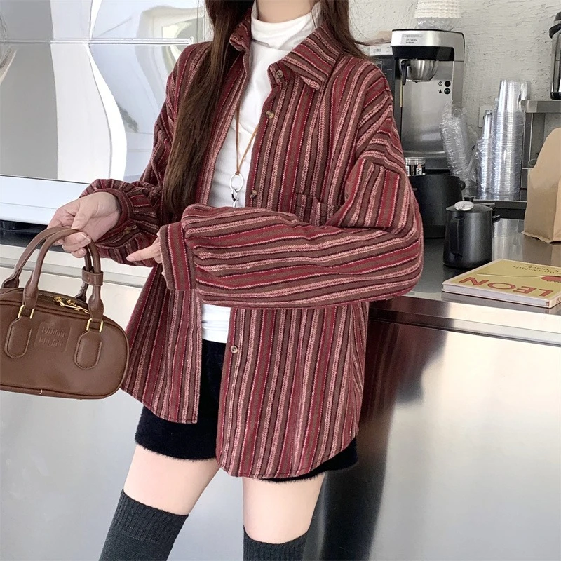 

Осень-зима, толстая полосатая женская блузка, свободная рубашка с длинными рукавами в стиле ретро, однобортный повседневный топ с отложным воротником в корейском стиле