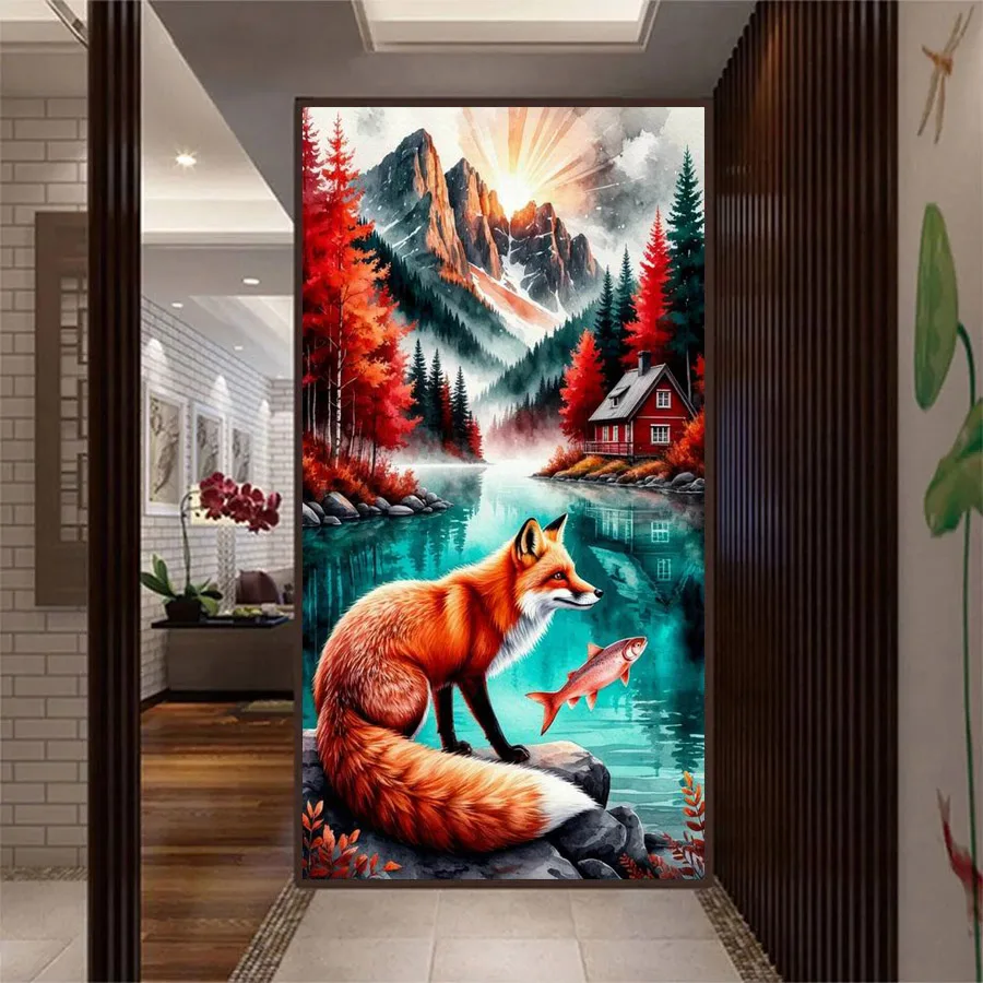 

Алмазная вышивка «Горное озеро и лиса»: большой размер, полная выкладка (квадратные/круглые стразы), пейзаж, мозаика, картина для декора стен